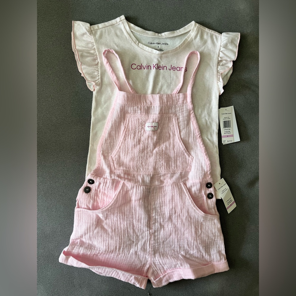 NWT Calvin Klein Jeans pink shirt and overalls outfit